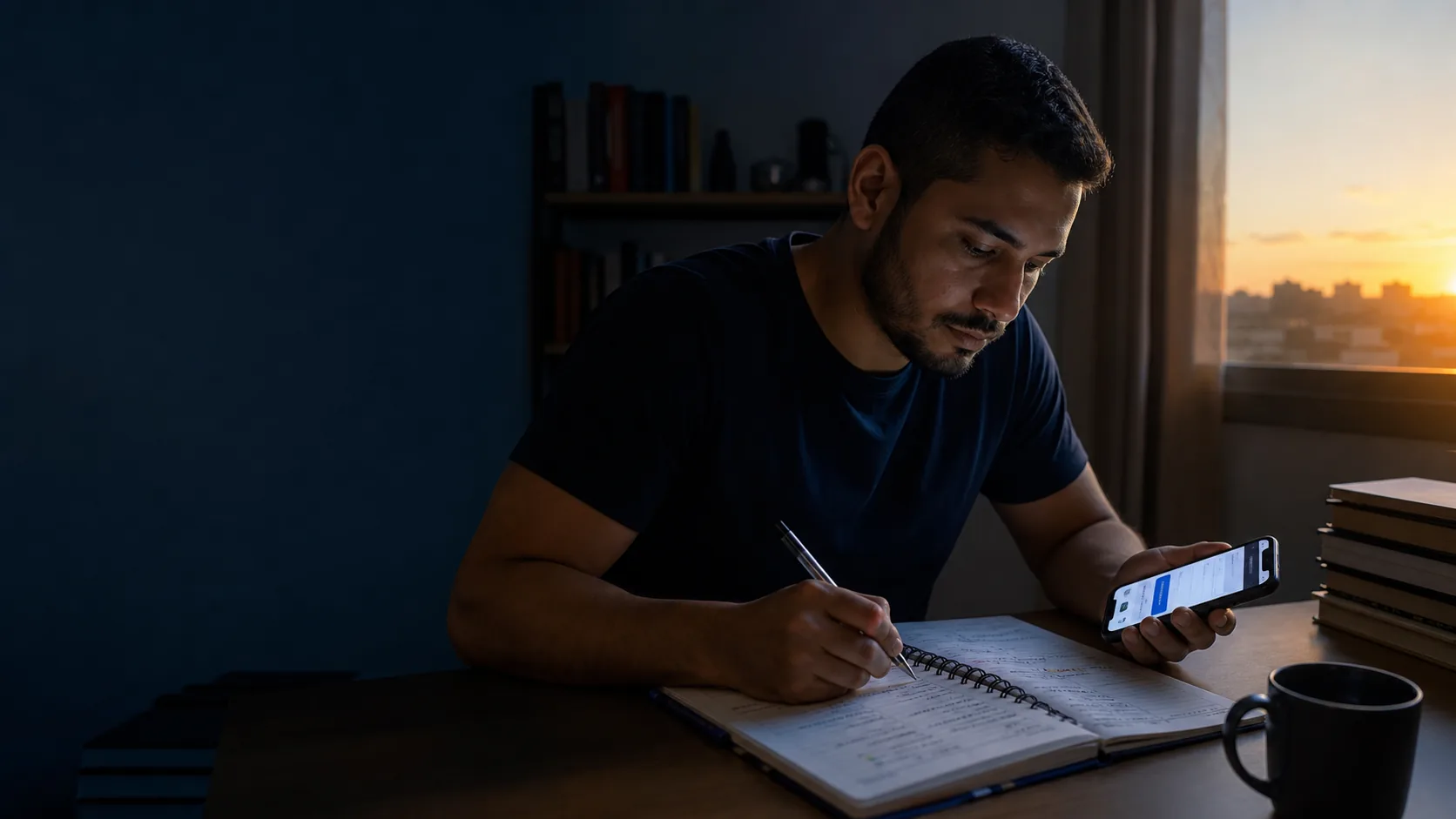 Estudante revisando com método antes do amanhecer